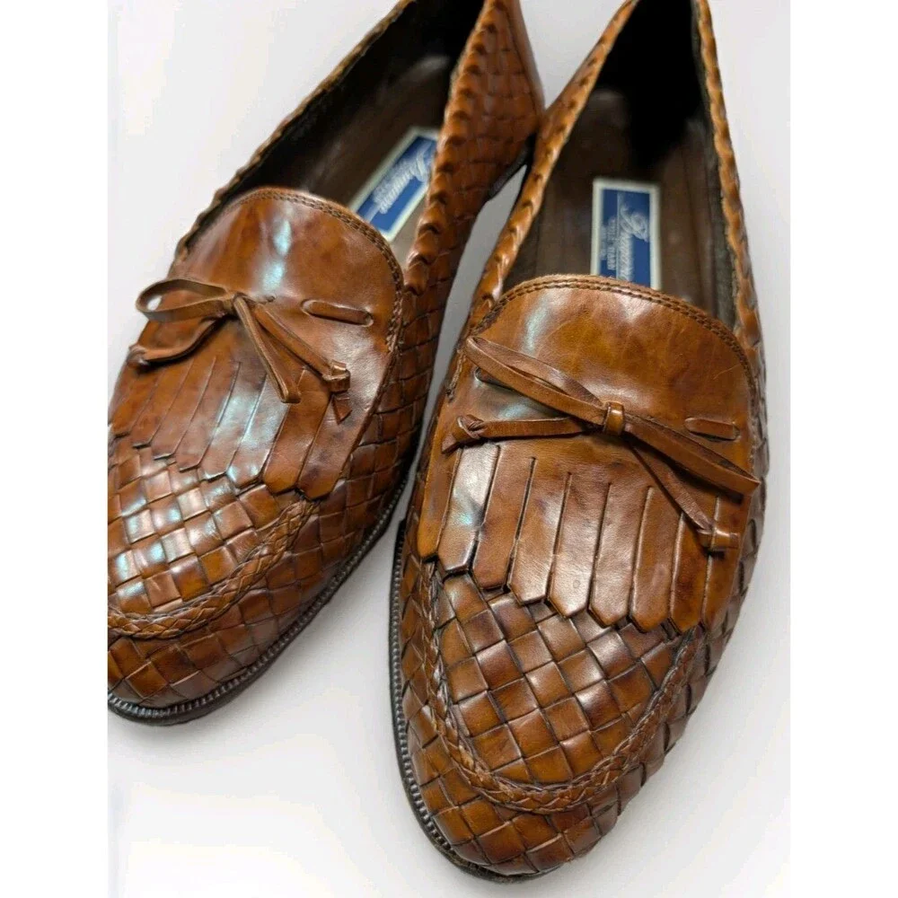 BRAGANO By COLE HAAN VINTAGE ITALIAN LOAFERS SIZE 11 WOVEN COGNAC LEATHER SHOES